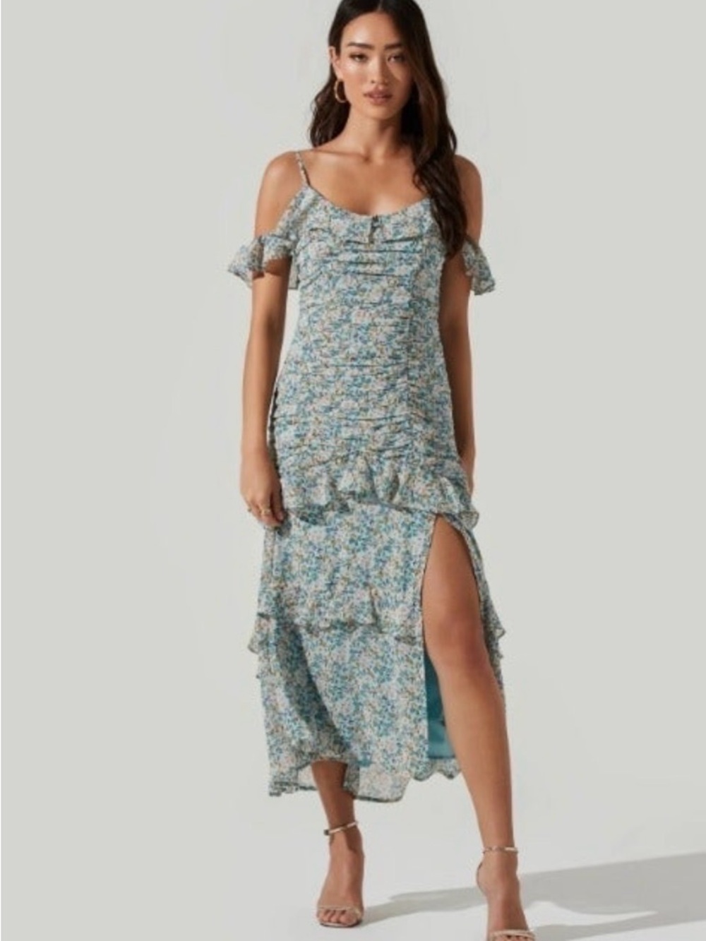 ASTR Light Blue Floral High-Low Cold-Shoulder Ruffle Dress